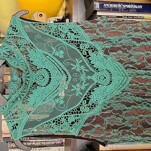 Altar'd State Teal and Brown Lace Boho/Victorian Midi Dress, Size Small - Picture 3 of 9